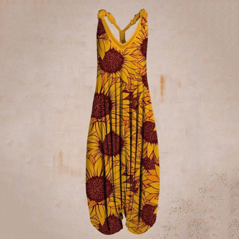 Woman wearing Printed Sleeveless Loose Knit Overalls in a city setting