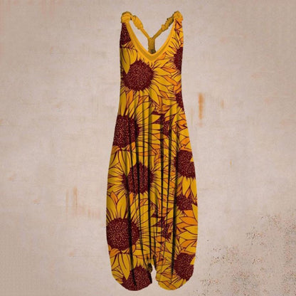 Woman wearing Printed Sleeveless Loose Knit Overalls in a city setting