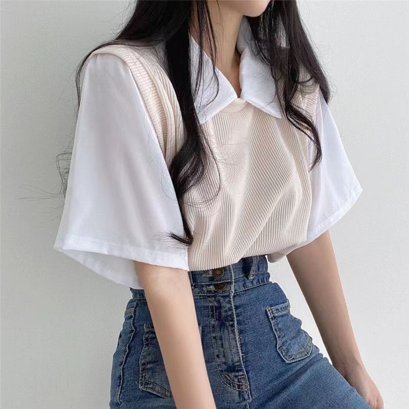 Two Tone Polo Neck Short Sleeve Top | Tajstylo