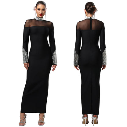 Woman wearing Elegant High Neck Long Sleeve Fitted Dress in a chic setting