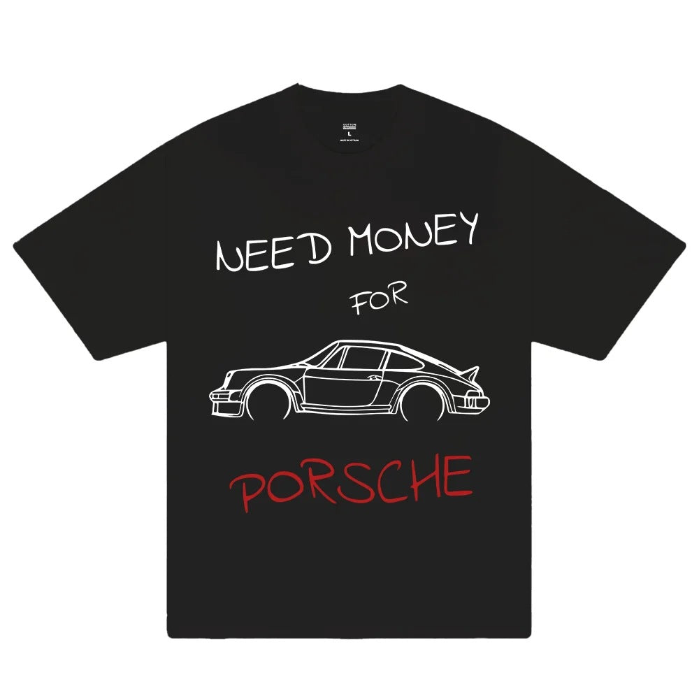 Woman wearing Need Money for Porsche Graphic T-shirt in casual setting