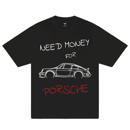 Woman wearing Need Money for Porsche Graphic T-shirt in casual setting