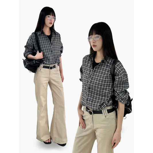 Woman wearing Chic Checkered Long Sleeve Shirt in an urban setting