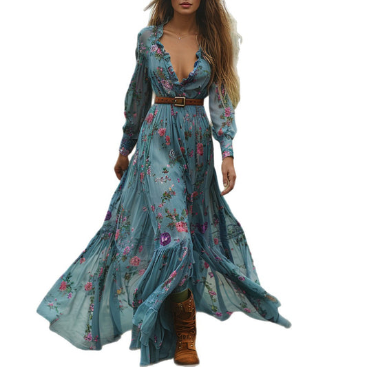Woman wearing Vintage Floral V Neck Long Sleeve A Line Dress in autumn setting
