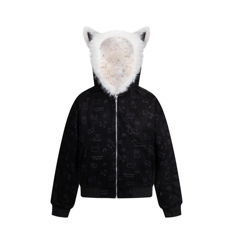 Woman wearing Cartoon Dog Hooded Fleece Coat in a winter setting