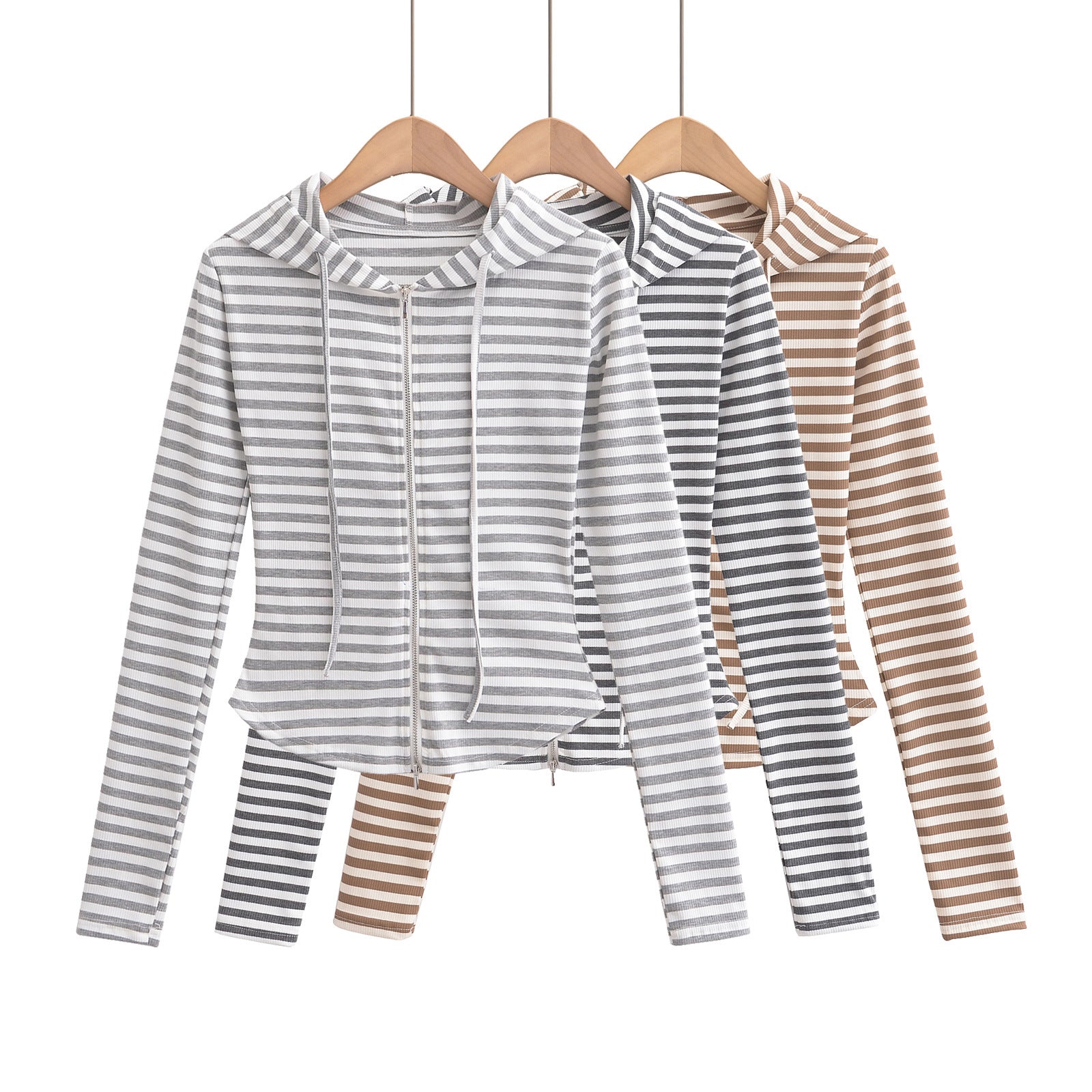 Woman wearing Hooded Stripe Half-Zip Cardigan in a casual setting