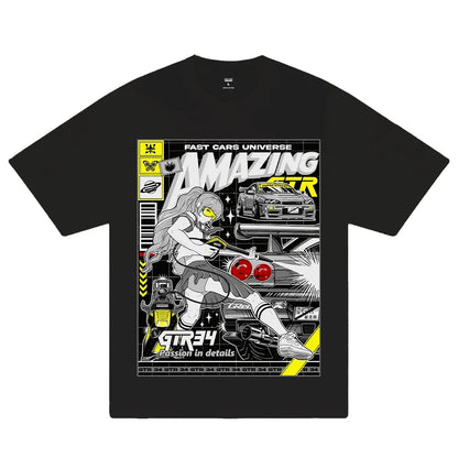 Woman wearing Need Money for Porsche Graphic T-shirt in casual setting