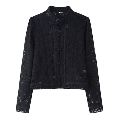 Woman wearing Buckle Embellished Lace Crochet Stand Collar Slim Fit Shirt in a stylish setting