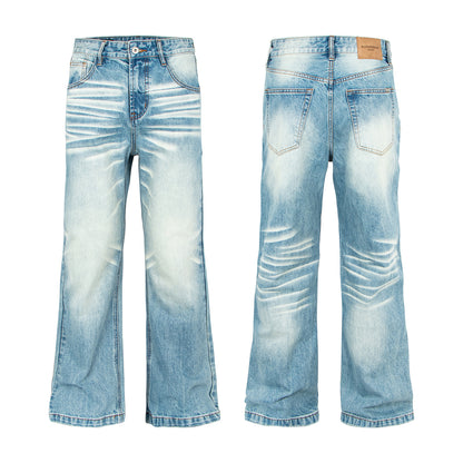 Woman wearing Distressed Light Blue Flared Jeans in a casual setting