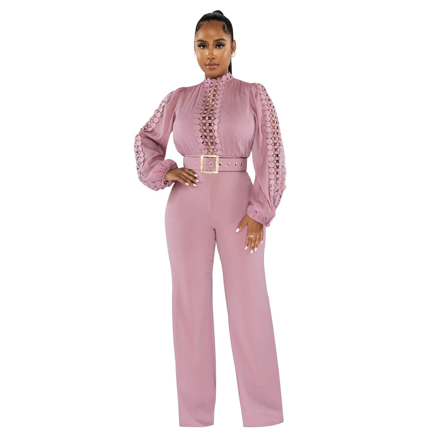 Woman wearing Belted Ruffle Cut-Out Full Length Jumpsuit in a stylish setting