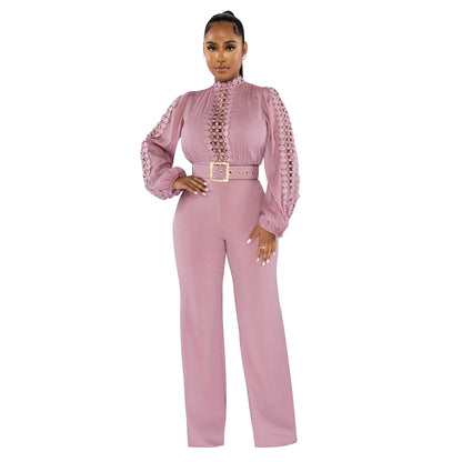 Woman wearing Belted Ruffle Cut-Out Full Length Jumpsuit in a stylish setting
