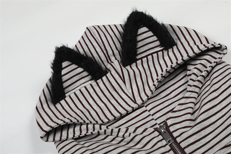 Striped Hooded Zipper Hoodie | Tajstylo