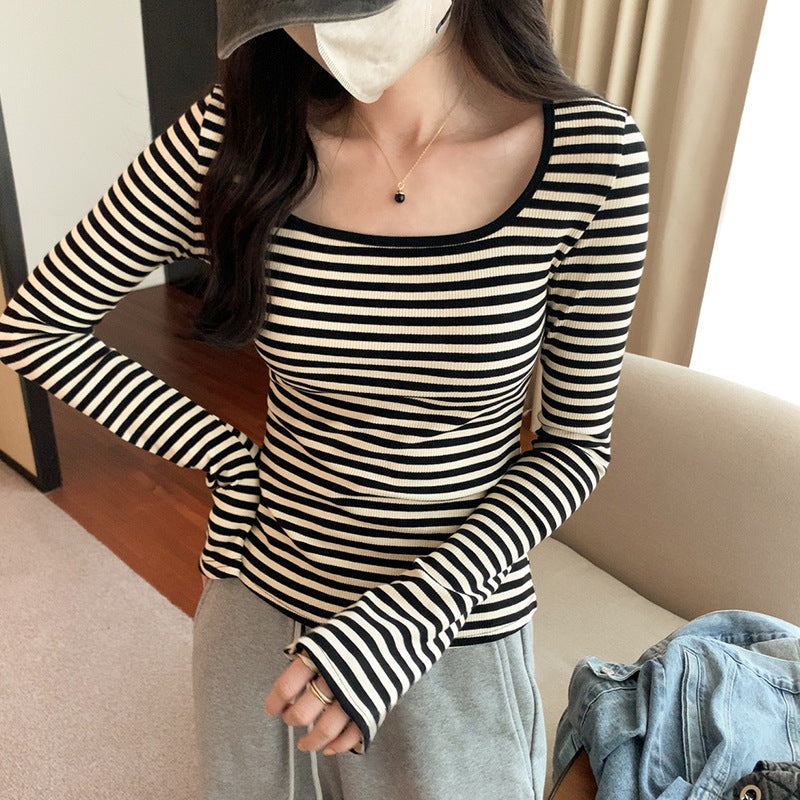 Woman wearing Square Neck Stripe Slim Fit Long Sleeve Top in a casual setting