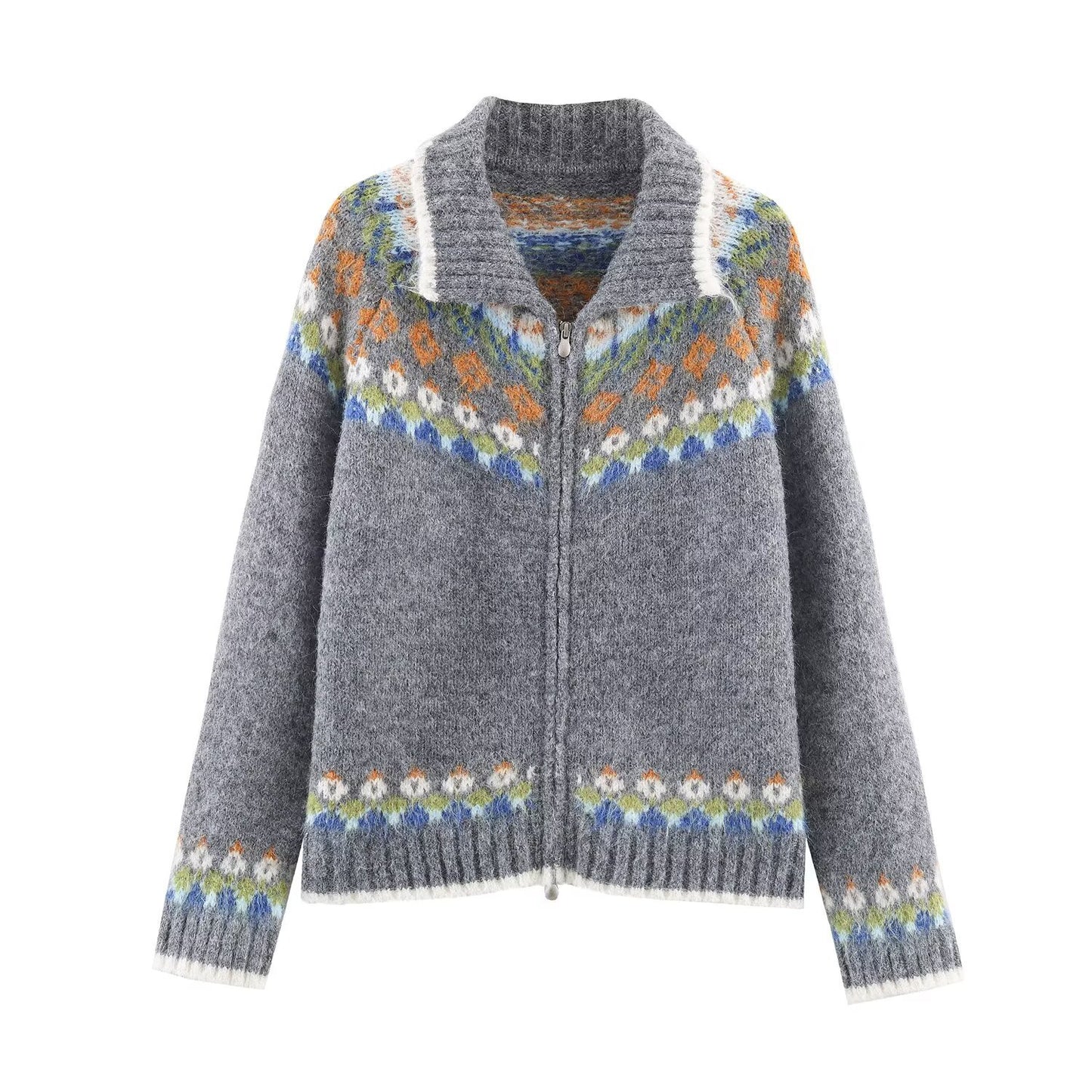 Woman wearing Jacquard Double Pull Knitted Cardigan Jacket in a casual setting