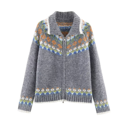 Woman wearing Jacquard Double Pull Knitted Cardigan Jacket in a casual setting