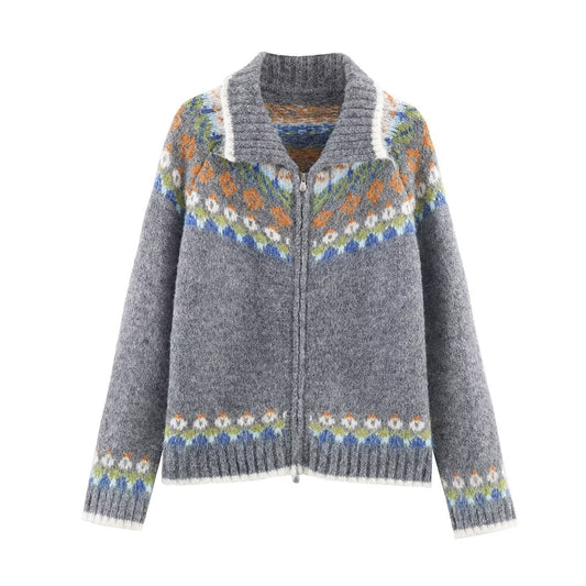 Woman wearing Jacquard Double Pull Knitted Cardigan Jacket in a casual setting
