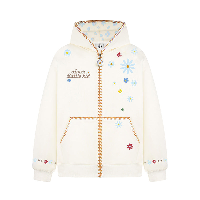 Woman wearing Floral Embroidery Hooded Sweatshirt in a casual setting