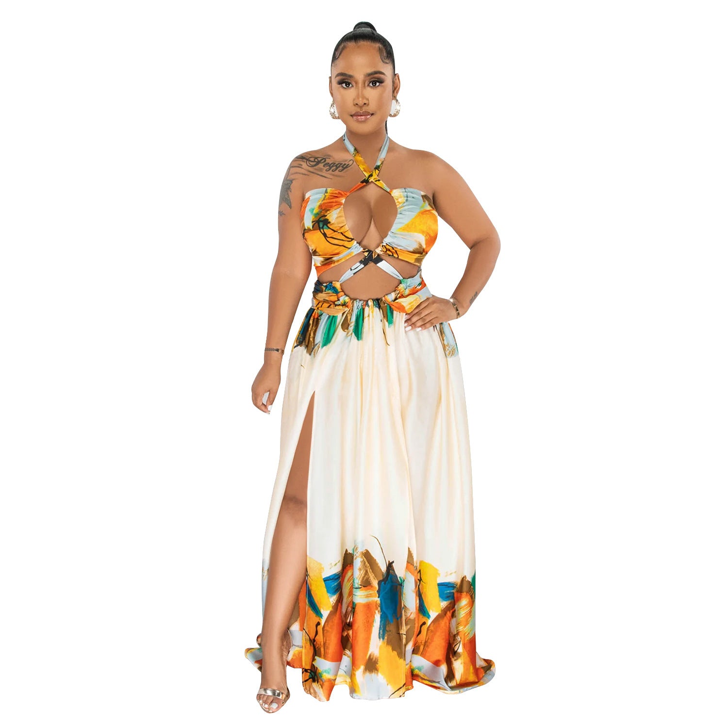 Woman wearing Tie-Front Sleeveless Wrap Bodycon Maxi Dress in a sunny outdoor setting