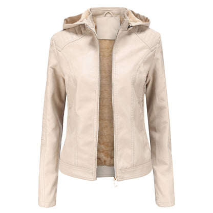 Woman wearing Hooded Long Sleeve Zip-Up Casual Jacket in a casual outdoor setting