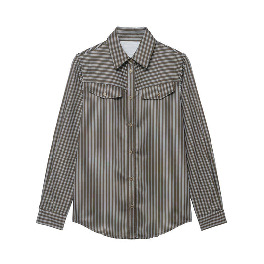 Woman wearing Casual Striped Poplin Shirt in a casual outdoor setting
