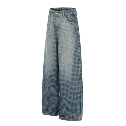 Woman wearing Checkered Wide Leg Jeans in a street setting