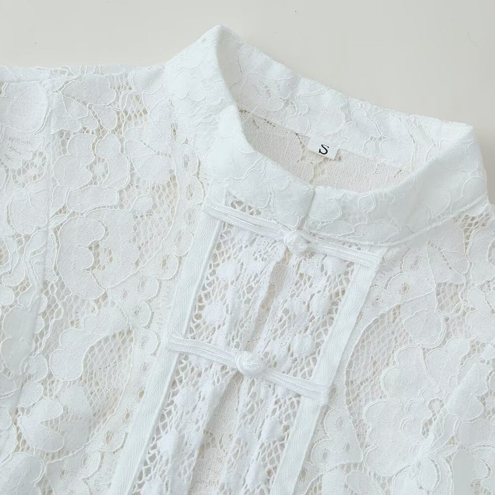 Buckle Embellished Lace Crochet Stand Collar Slim Fit Shirt | Tajstylo