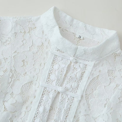 Buckle Embellished Lace Crochet Stand Collar Slim Fit Shirt | Tajstylo