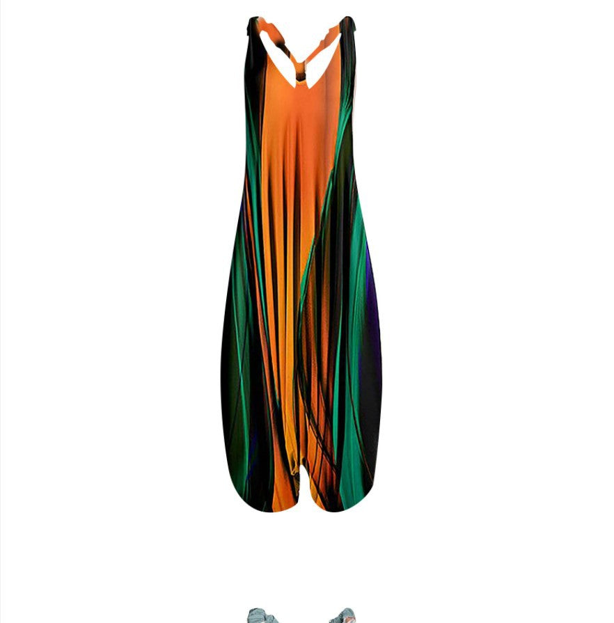 Woman wearing Printed Sleeveless Loose Knit Overalls in a city setting
