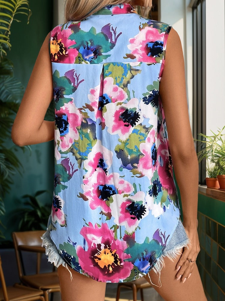 Woman wearing Ethnic Style Stand Up Collar Sleeveless Shirt in summer setting
