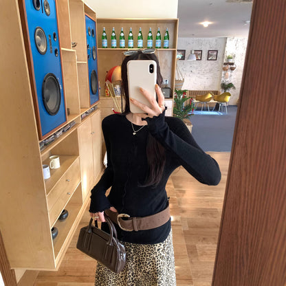 Woman wearing Lace Trim Round Neck Long Sleeve Knit Top in a stylish setting
