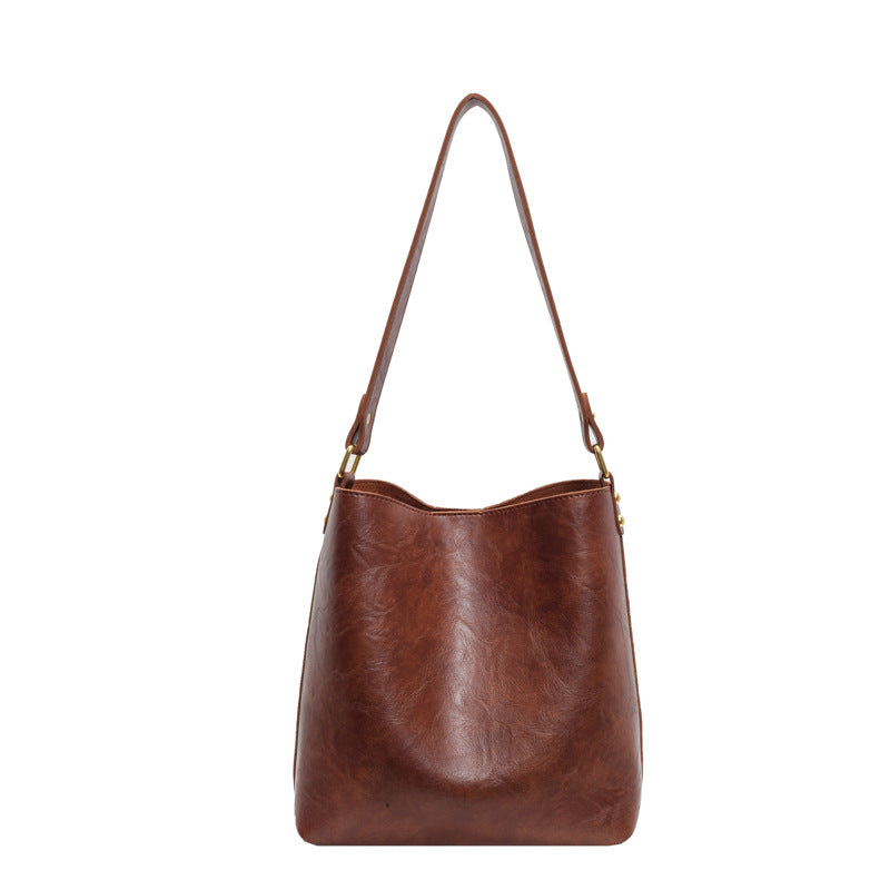 Women's Large Capacity PU Leather Commuter Shoulder Bucket Tote Bag – Close-up View | TajStylo