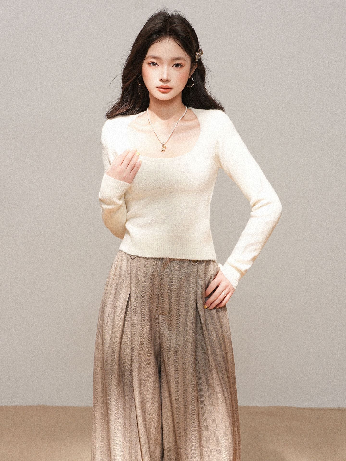 Woman wearing Short Knit Sweater in a casual setting