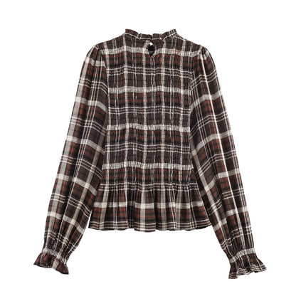 Woman wearing Long Sleeve Honeycomb Plaid Shirt in a casual setting