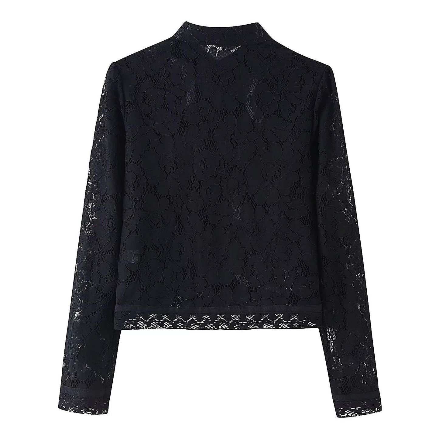 Buckle Embellished Lace Crochet Stand Collar Slim Fit Shirt | Tajstylo