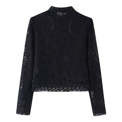 Buckle Embellished Lace Crochet Stand Collar Slim Fit Shirt | Tajstylo