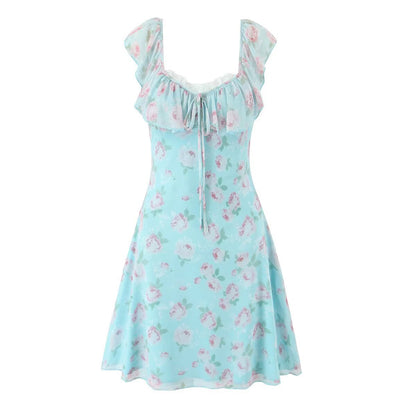 Halter Neck Lace Tie Back Printed Dress | Tajstylo