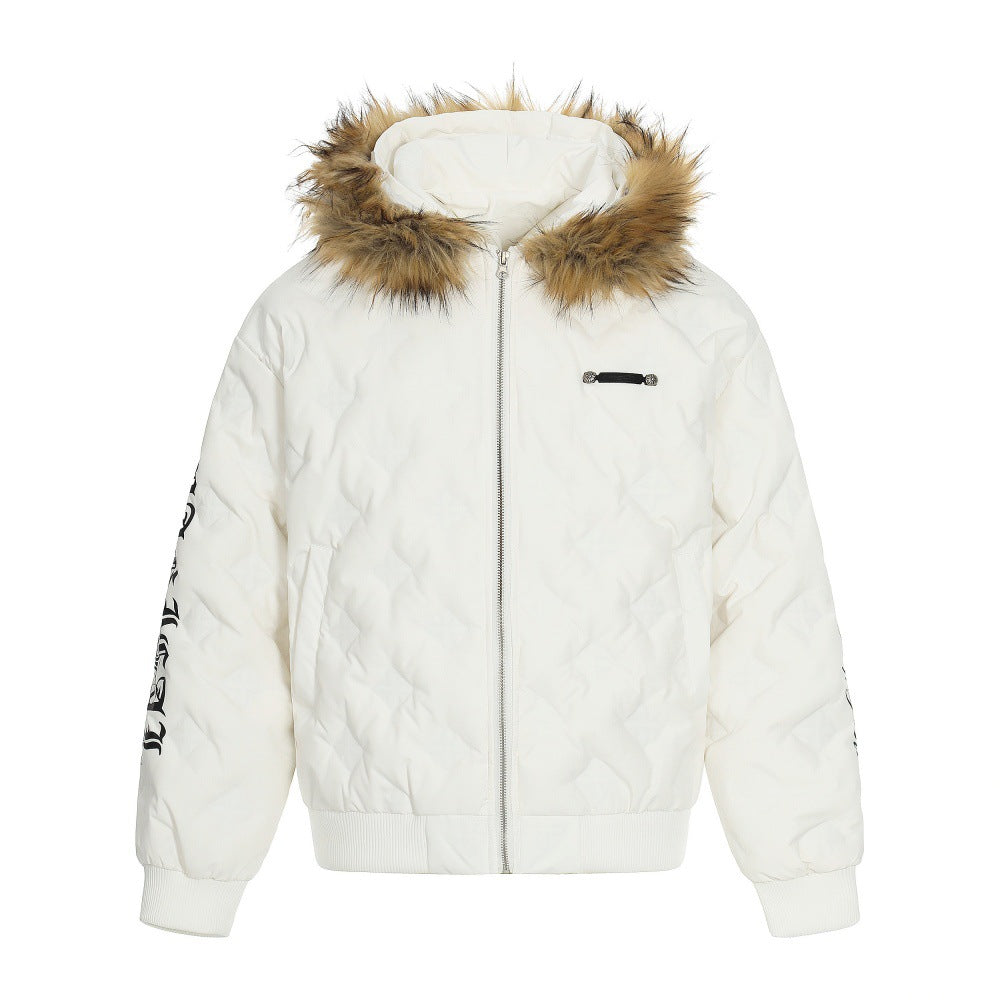 Woman wearing Letter Print Down Puffer Jacket in the city
