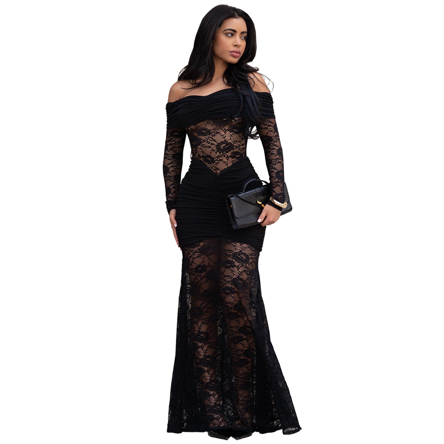 Woman wearing One-Shoulder Lace Bodycon Dress in an elegant setting