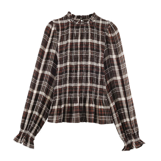 Woman wearing Long Sleeve Honeycomb Plaid Shirt in a casual setting