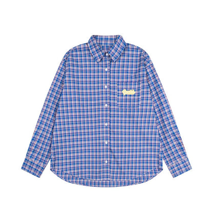 Woman wearing Embroidered Letter Plaid Shirt in a casual outdoor setting