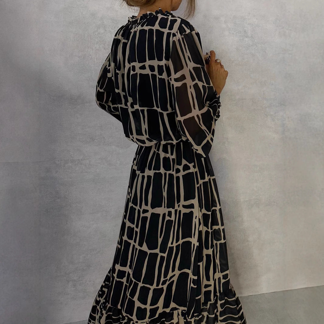 Woman wearing Women's Striped Flared Maxi Dress in an autumn setting