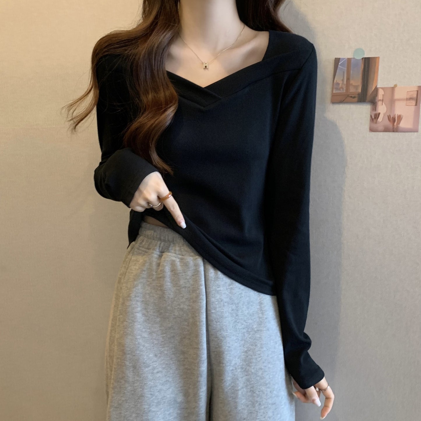 V Neck Long Sleeve Fleece Top | Tajstylo
