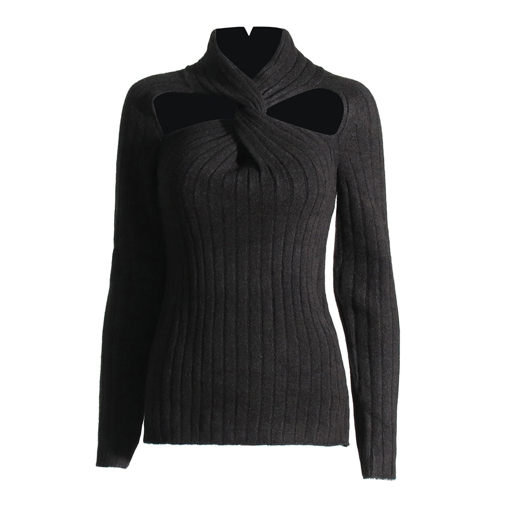 Woman wearing Hollow Out Knit T-Shirt in a casual setting