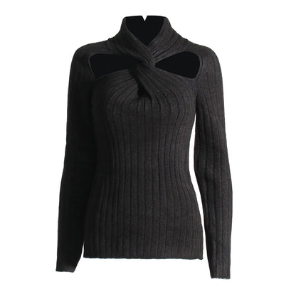 Woman wearing Hollow Out Knit T-Shirt in a casual setting