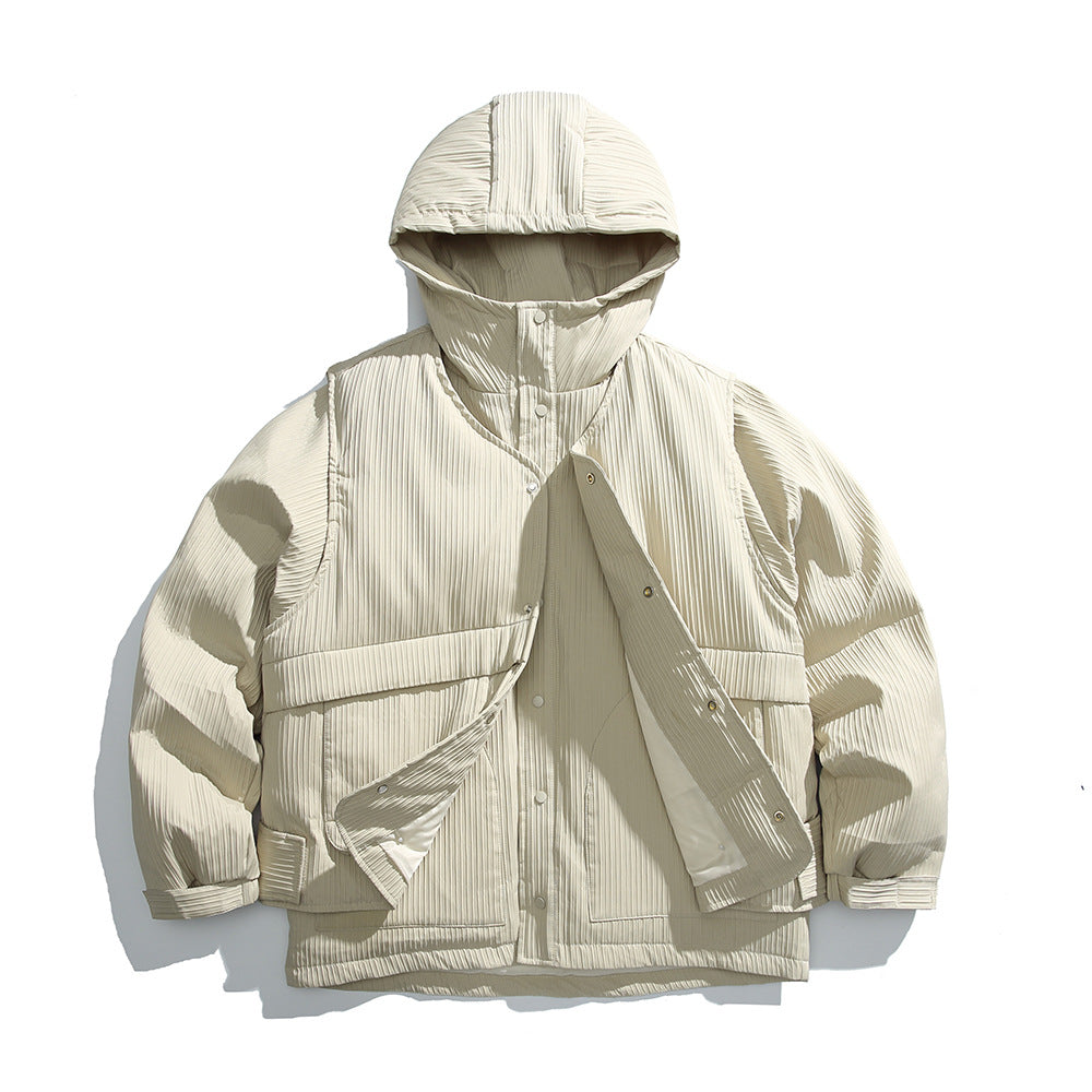 Woman wearing Two Piece Hooded Down Jacket in an urban setting