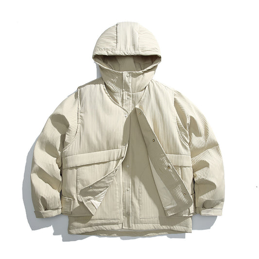 Woman wearing Two Piece Hooded Down Jacket in an urban setting