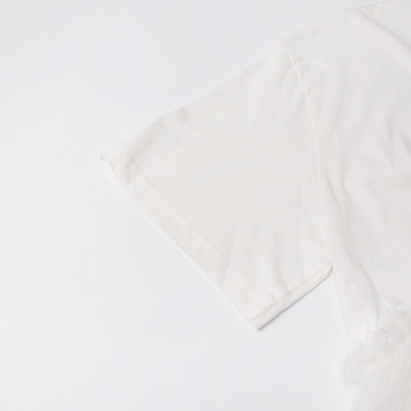 Cotton Mesh Patchwork Loose O Neck Short Sleeve T Shirt | Tajstylo