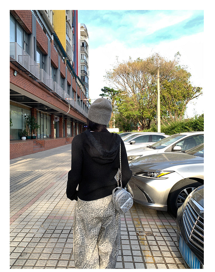 Hooded Knit Cardigan with Fur Collar | Tajstylo