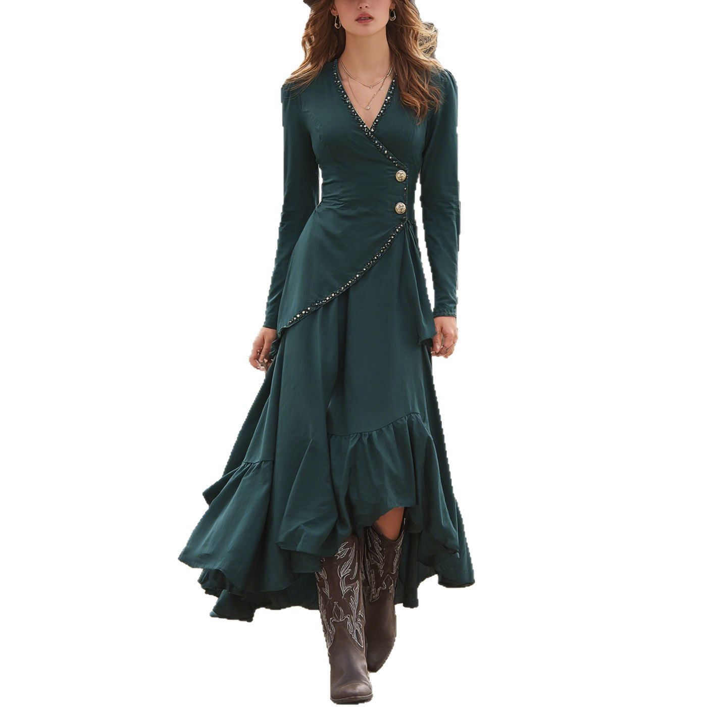 Woman wearing Green French Style V Neck Long Sleeve Dress in a garden setting