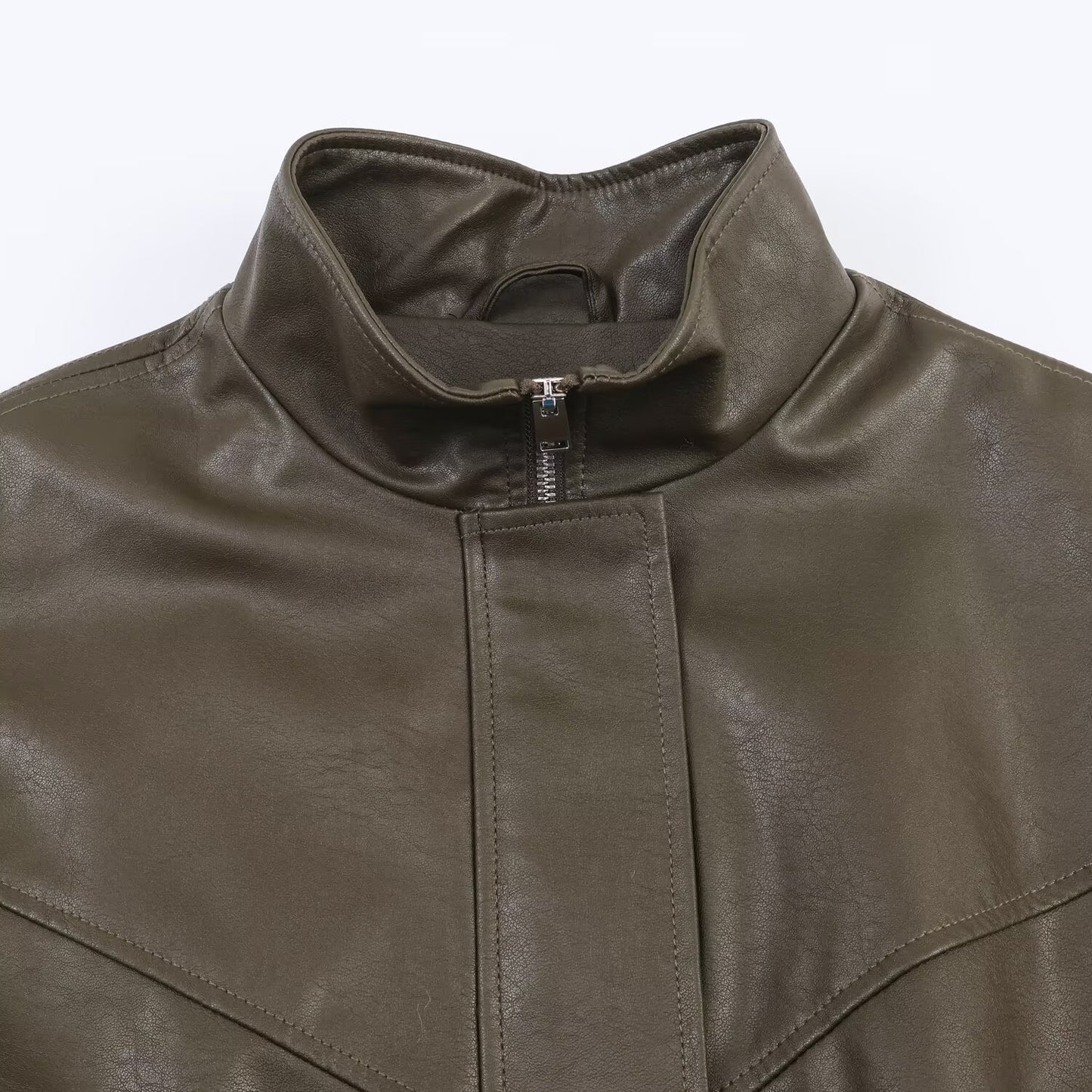 Woman wearing Faux Leather Stand Collar Pilot Jacket in a city setting